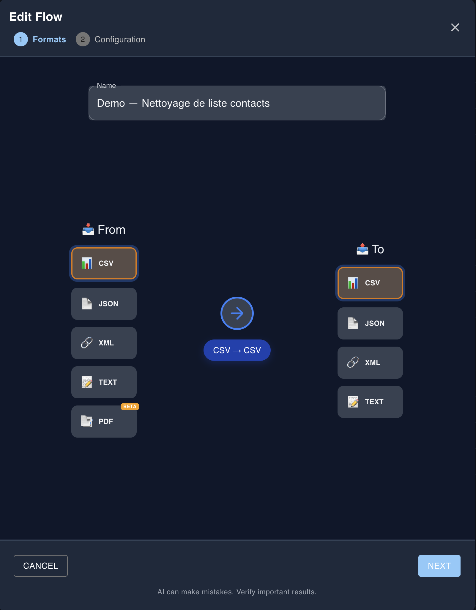Input and output format selection